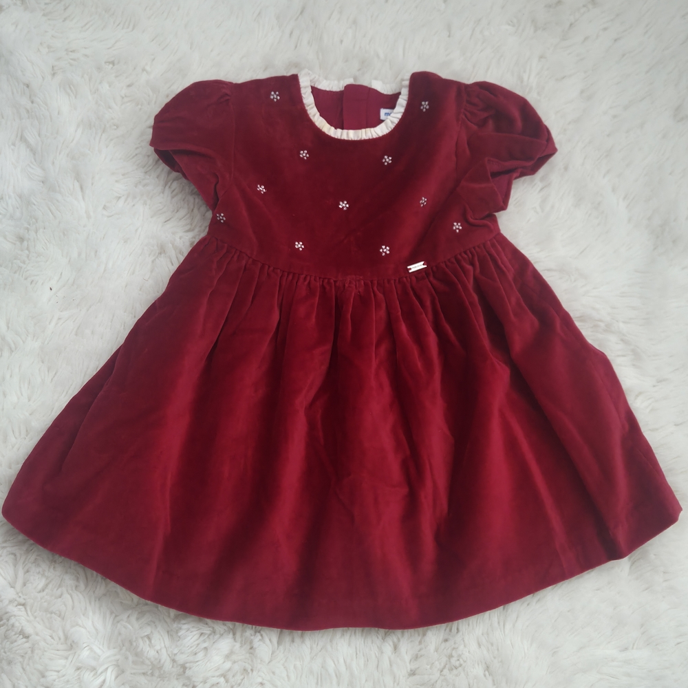Mayoral Red Velvet Dress with Silver Embroidery